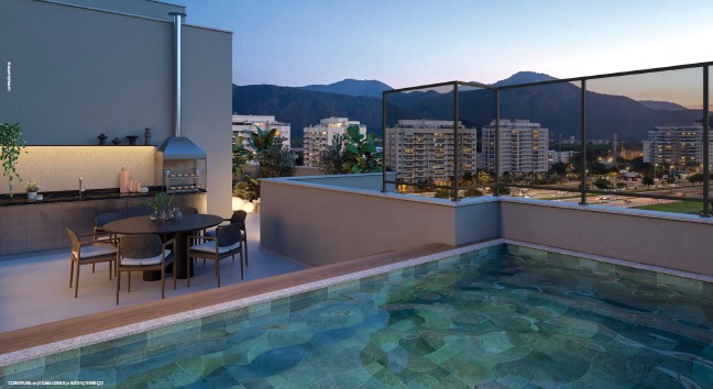 Piscina no rooftop com churrasqueira e vista para a serra